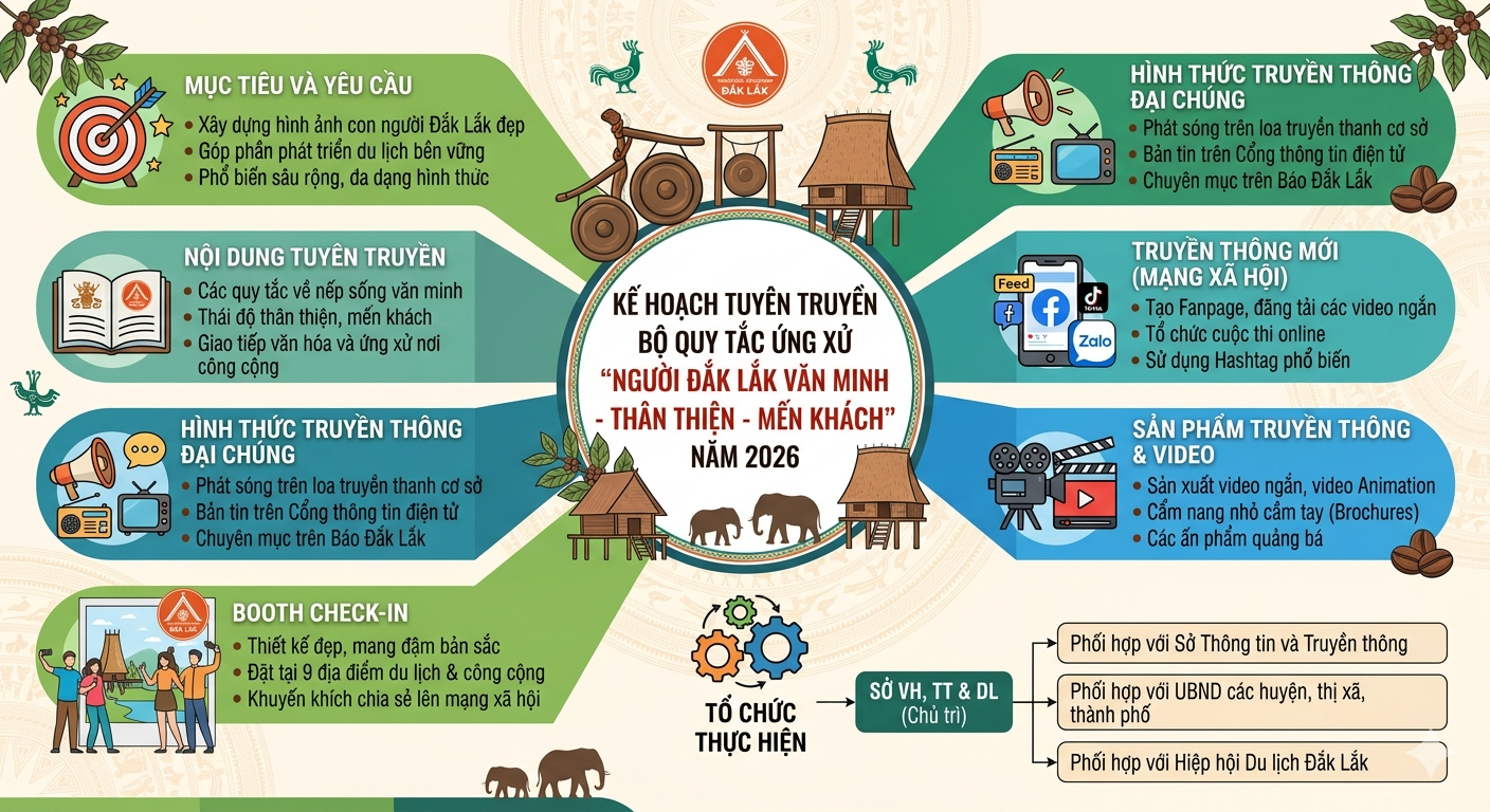 Kế hoạch tuyên truyền nội dung “Bộ quy tắc ứng xử Người Đắk Lắk Văn minh - Thân thiện - Mến khách” trên địa bàn tỉnh năm 2026